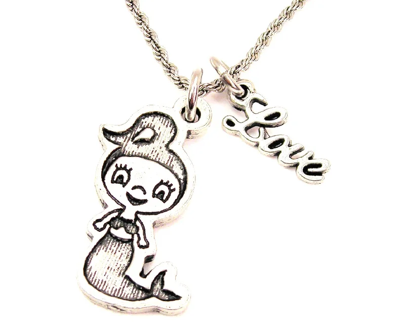 Vintage Silver Necklace-Baby Mermaid 20" Chain Necklace With Cursive Love Accent