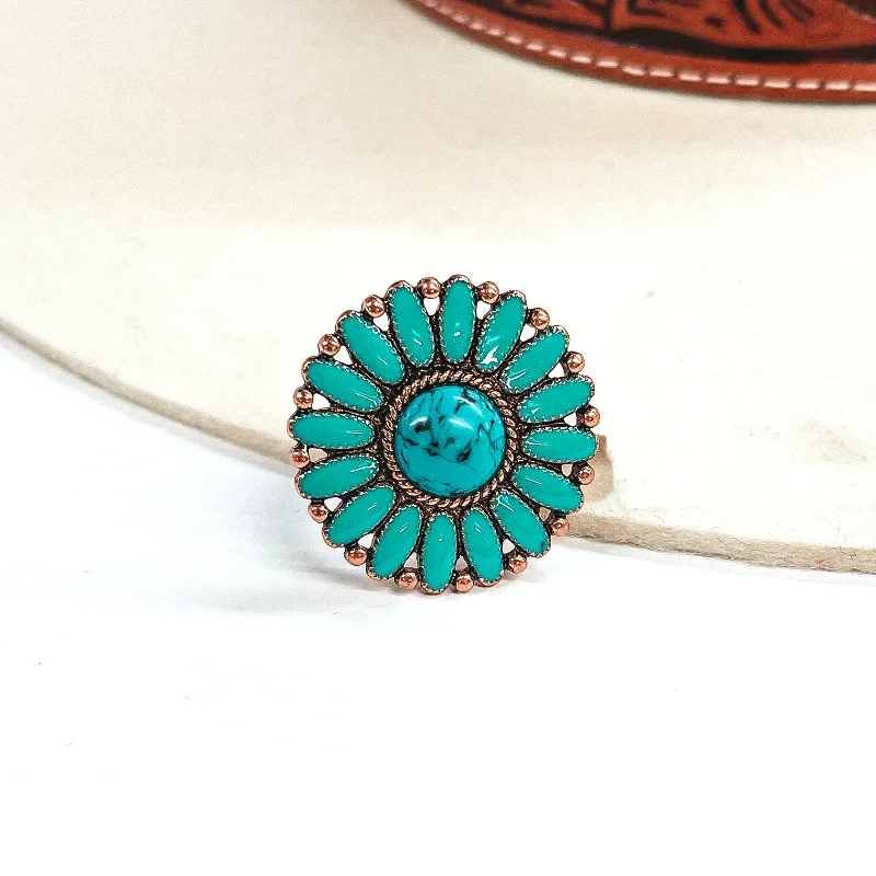 Silver Signet Ring for Men-Circle Concho Turquoise Cluster Epoxy Ring in Copper Tone