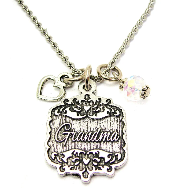 Statement Necklace for Wedding-Grandma Victorian Scroll With With Open Heart And Crystal 20" Stainless Steel Rope Necklace