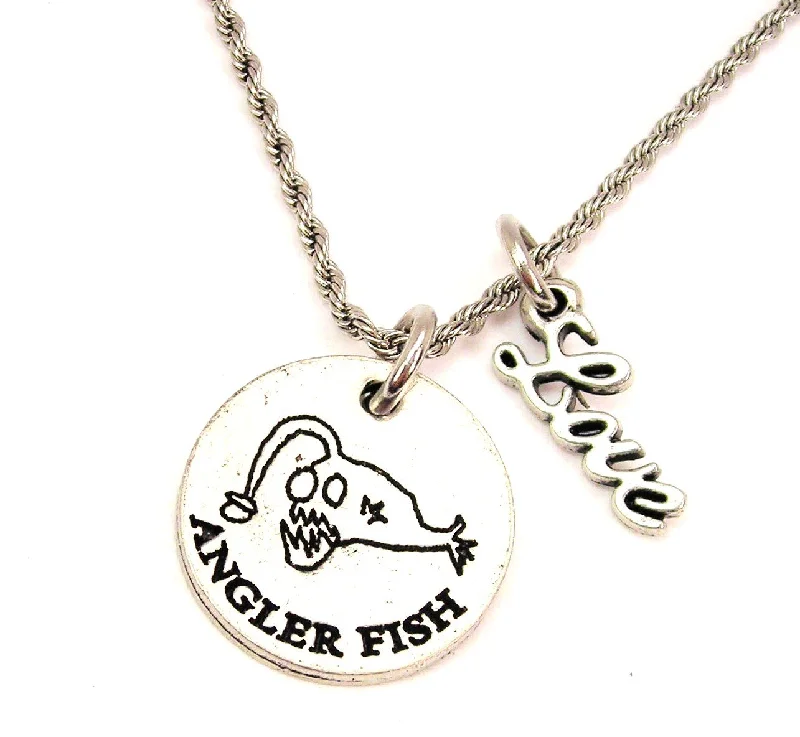 Gemstone Pendant Necklace-Angler Fish 20" Chain Necklace With Cursive Love Accent