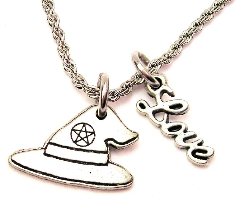 Designer Pearl Necklace-Witch Hat With Pentacle 20" Chain Necklace With Cursive Love Accent