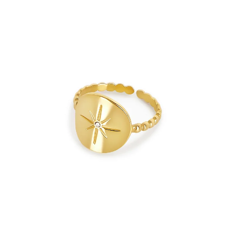 Personalized Birthstone Ring-Nautical Star Adjustable Rope Ring - Gold