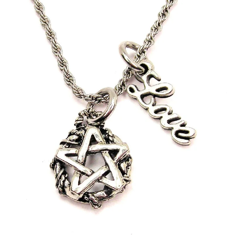 Vintage Silver Necklace-Gothic Pentacle 20" Chain Necklace With Cursive Love Accent