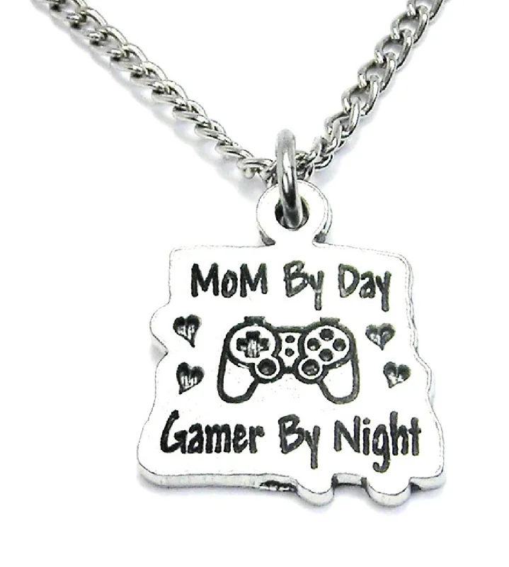 Long Silver Necklace-Mom By Day Gamer By Night Single Charm Necklace