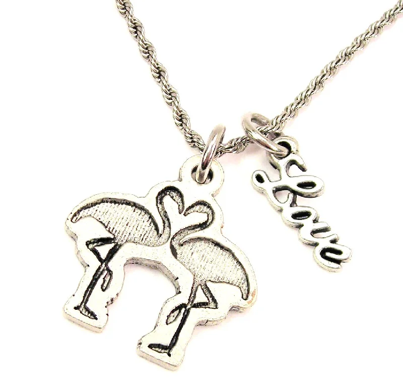 Layered Silver Necklace-Flamingos Making A Heart 20" Chain Necklace With Cursive Love Accent