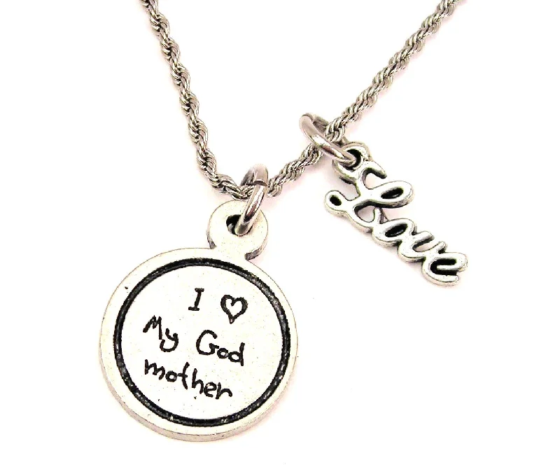 Handmade Pendant Necklace-I Love My Godmother Child Handwriting 20" Chain Necklace With Cursive Love Accent