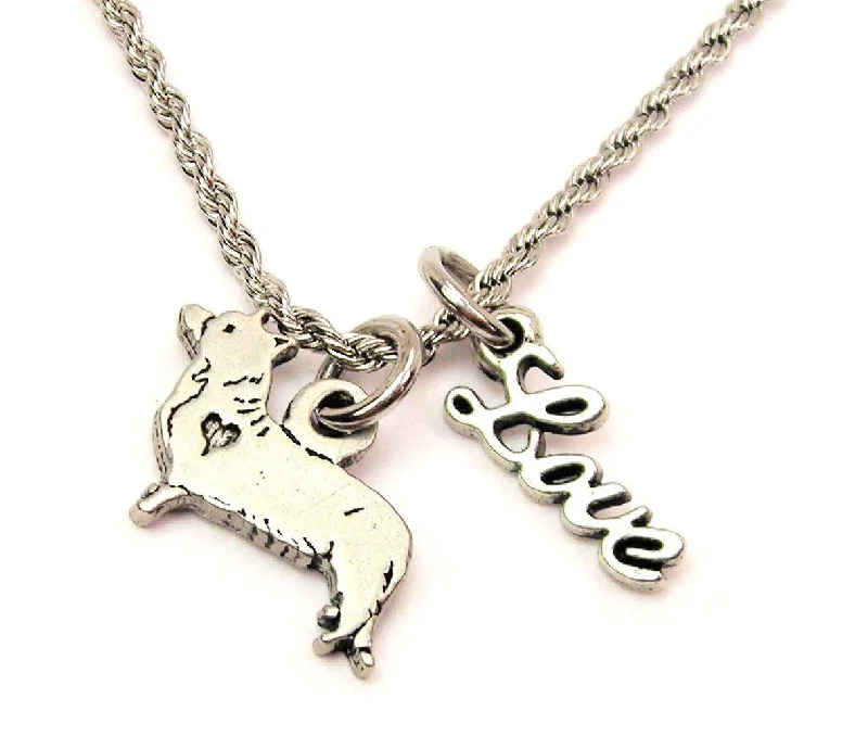 Custom Name Necklace-Standing Corgi 20" Chain Necklace With Cursive Love Accent