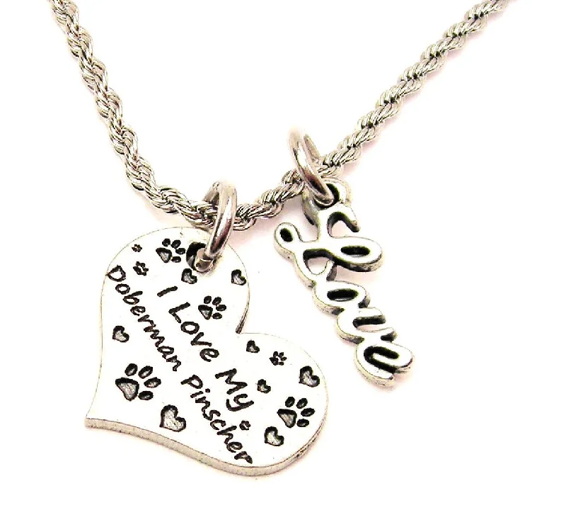 Personalized Family Necklace-I Love My Doberman Pinscher 20" Chain Necklace With Cursive Love Accent