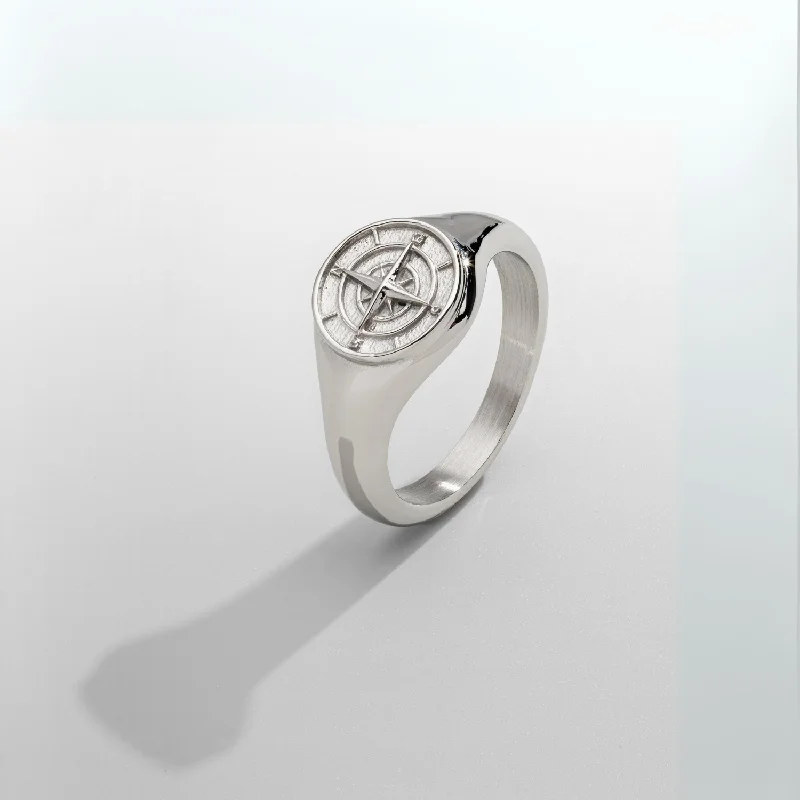 Gold Wedding Ring with Engraving-Compass Signet Ring (Silver)