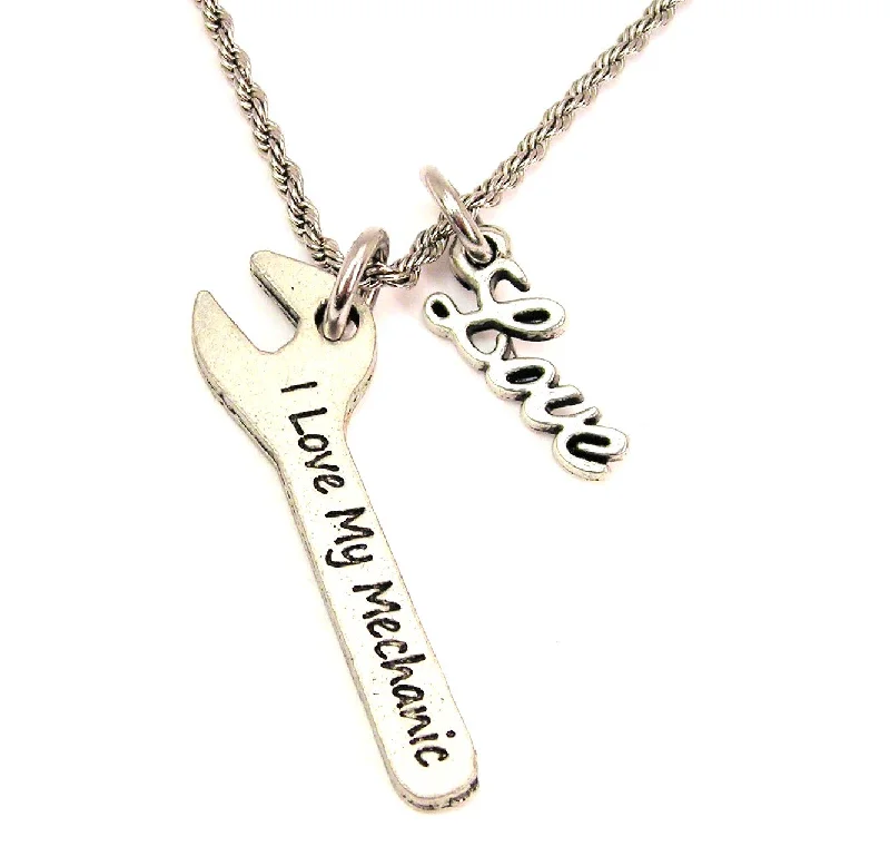 Lightweight Necklace for Women-I Love My Mechanic 20" Chain Necklace With Cursive Love Accent