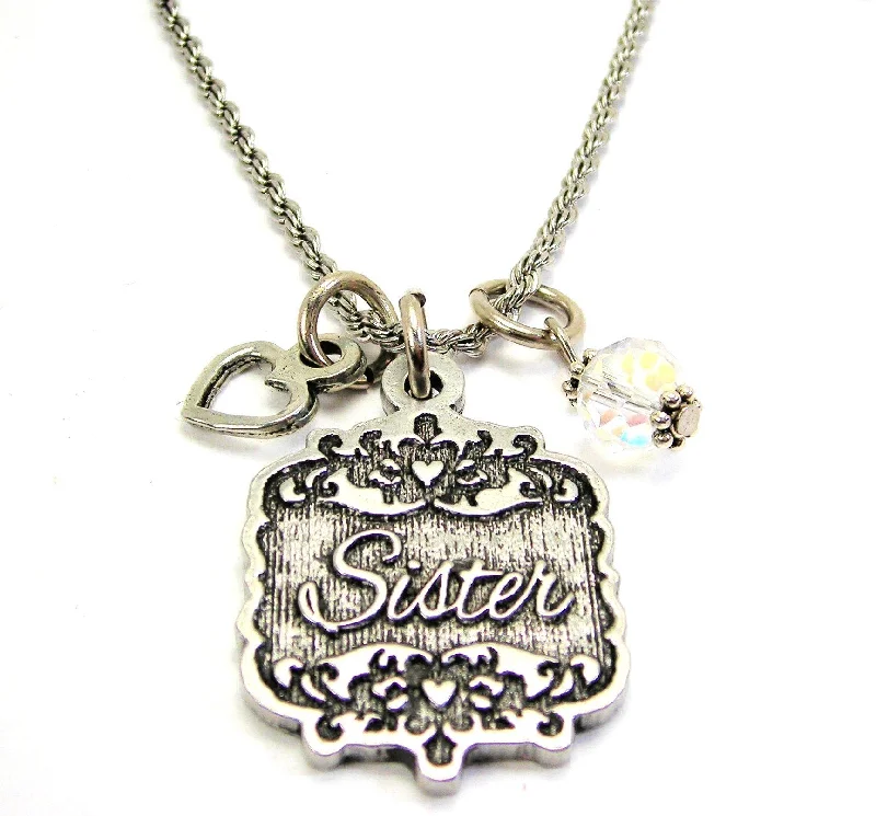 Gold Pendant Necklace-Sister Victorian Scroll With Open Heart And Crystal 20" Stainless Steel Rope Necklace