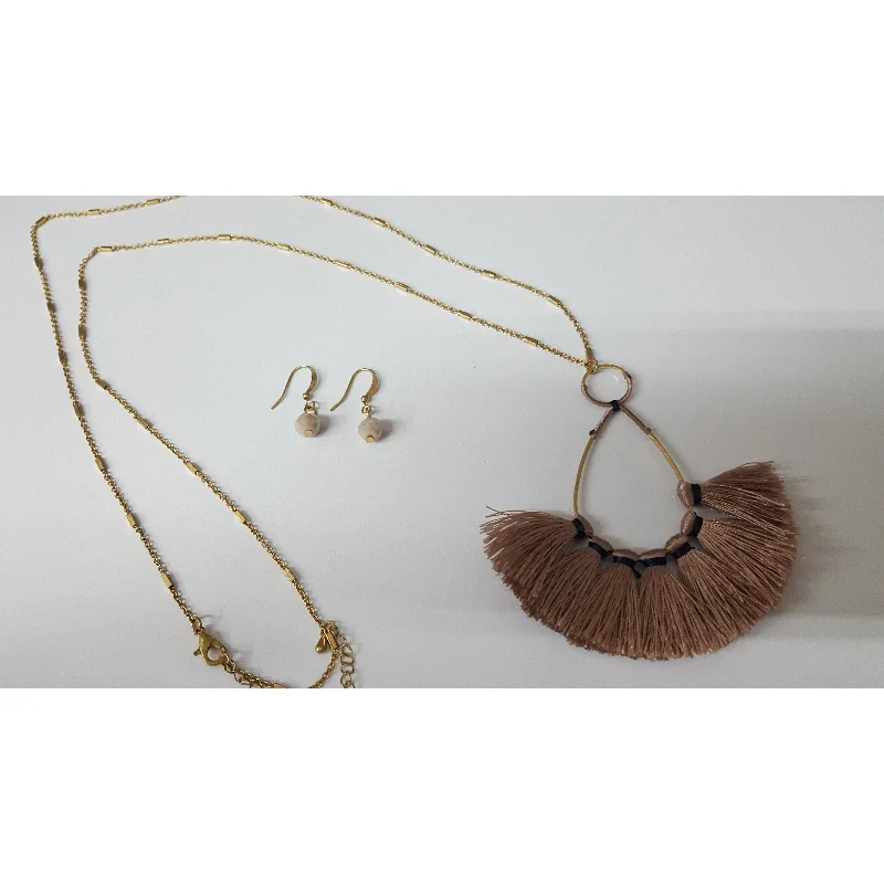 Modern Chain Necklace-WH Teardrop Fringe Necklace - Brown