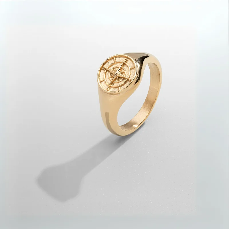 Personalized Men’s Ring-Compass Signet Ring (Gold)