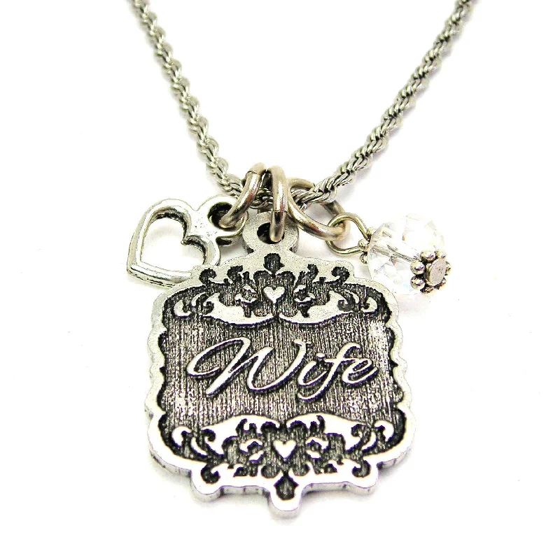 Large Silver Pendant Necklace-Wife Victorian Scroll With Open Heart And Crystal 20" Stainless Steel Rope Necklace