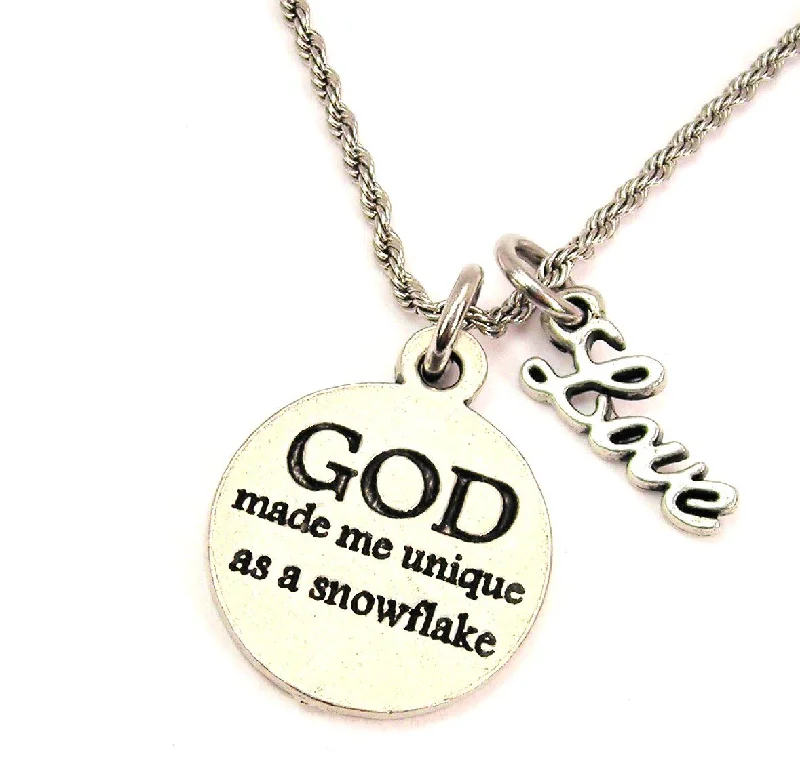 Personalized Silver Necklace-God Made Me Unique As A Snowflake 20" Chain Necklace With Cursive Love Accent