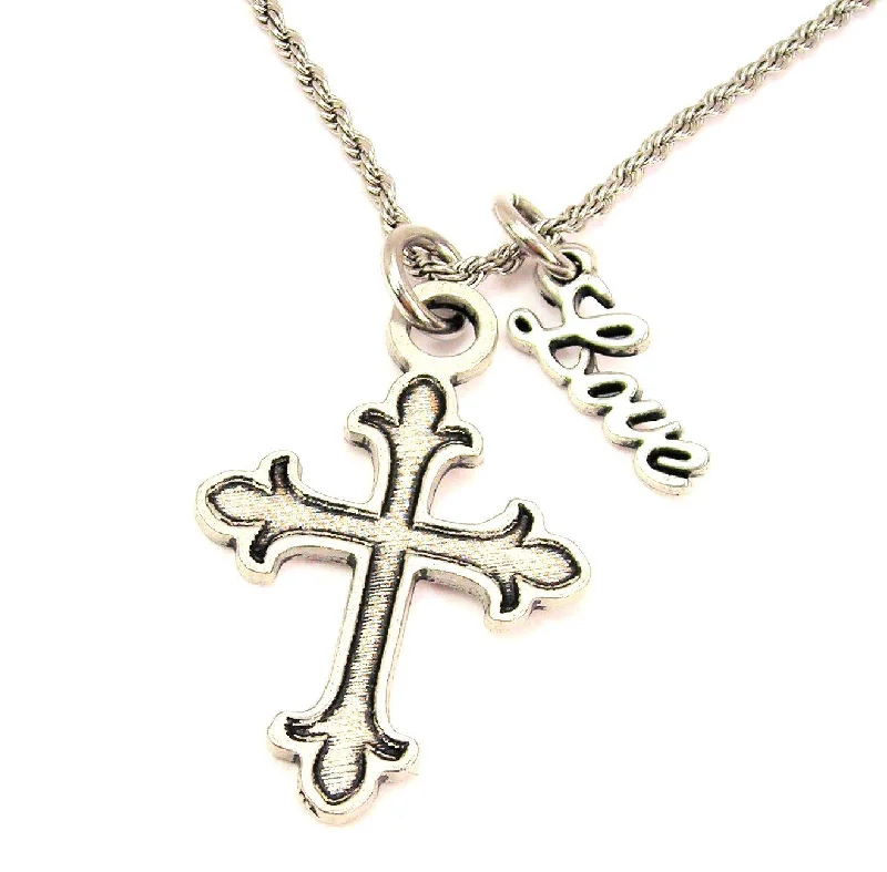 Pearl Choker Necklace-Fancy Cross 20" Chain Necklace With Cursive Love Accent