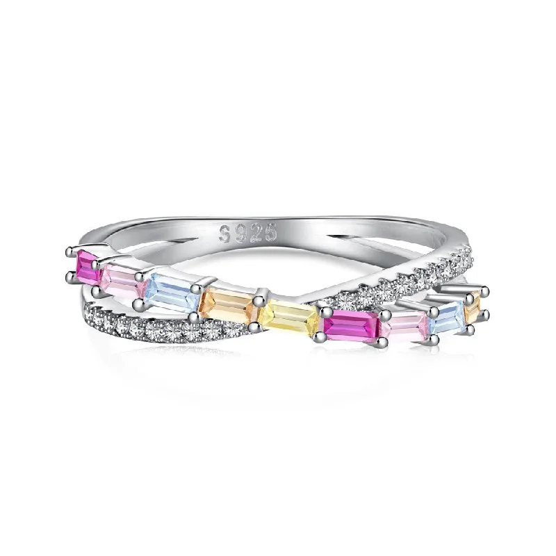 Minimalist Engagement Ring-Sterling Silver Multicolor Baguette and Round Cut Crossover Ring