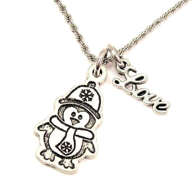 Women’s Pendant Necklace-Bundled Up Penguin 20" Chain Necklace With Cursive Love Accent