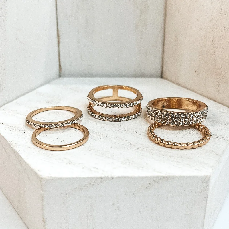 Customizable Wedding Ring-Set of 5 | Multi Textured Ring Set in Gold Tone with Clear CZ Crystals