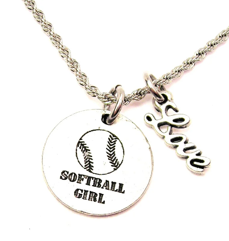 Gemstone Pendant Necklace-Softball Girl 20" Chain Necklace With Cursive Love Accent