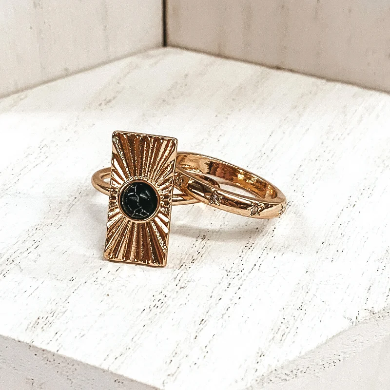 Unique Engagement Ring-Set of 2 | Rectangle Shaped Sunburst Gold Tone Ring Set with Center Stone in Black