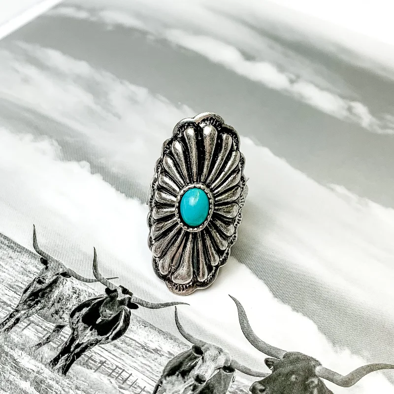 Men’s Gold Signet Ring-Silver Tone Long Oval Concho Cuff Ring with Center Faux Stone in Turquoise