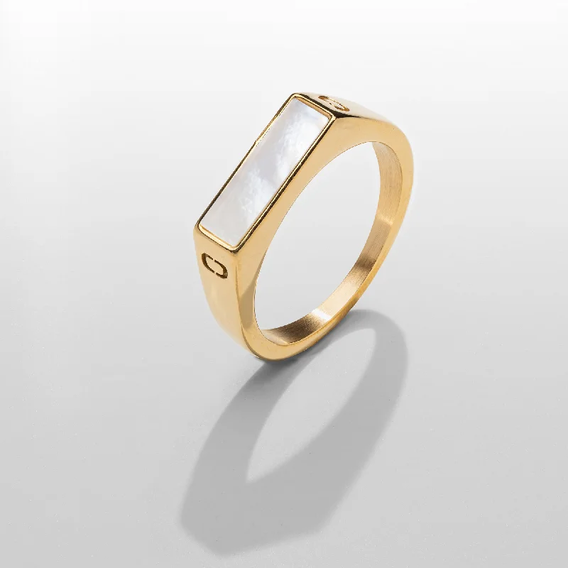 Adjustable Gold Ring-White Rectangle Stone Signet Ring (Gold)