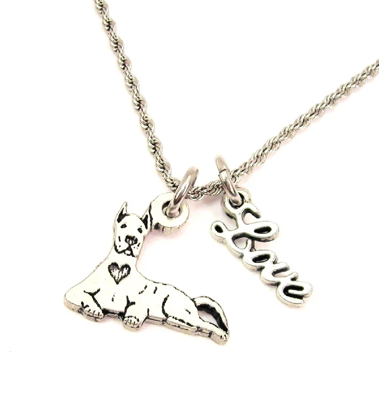 Gold Chain Necklace for Men-Sitting Great Dane With Heart 20" Chain Necklace With Cursive Love Accent