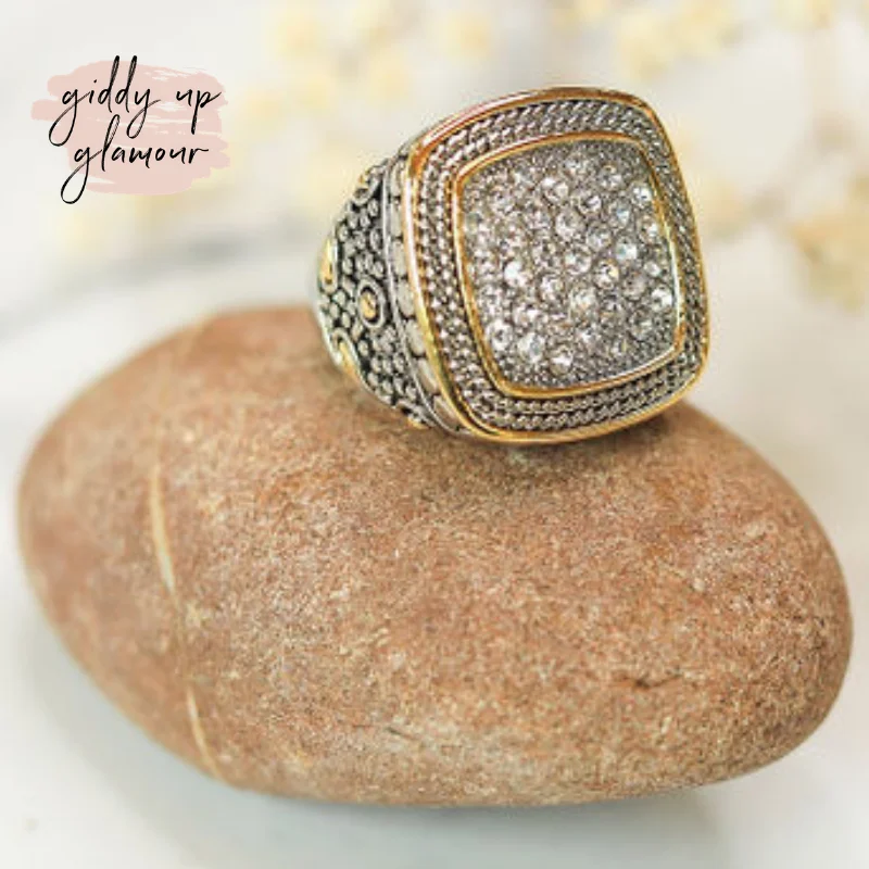 Colorful Gemstone Ring-Silver Toned Wheat Textured Fashion Ring with Clear Crystals