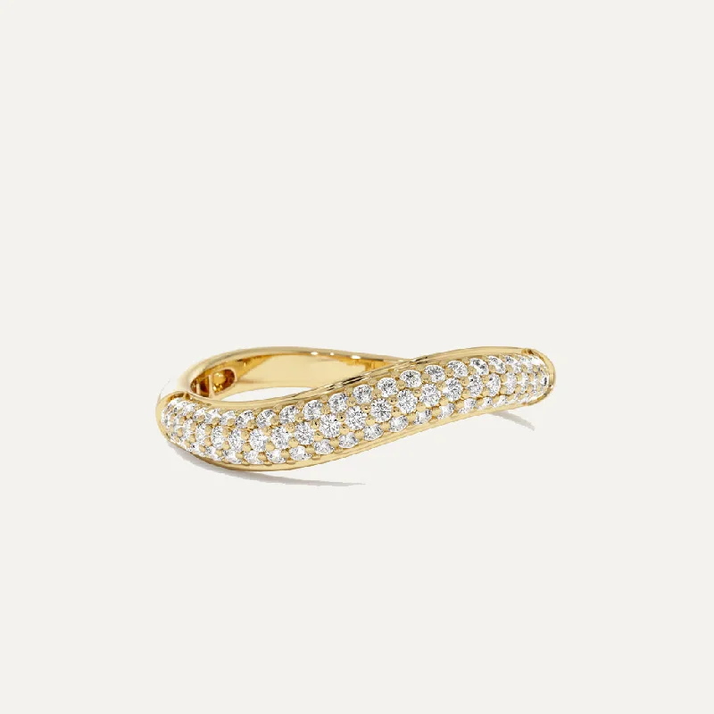 Promise Ring for Couple-18K Gold Trio Rows Diamond Waved Ring