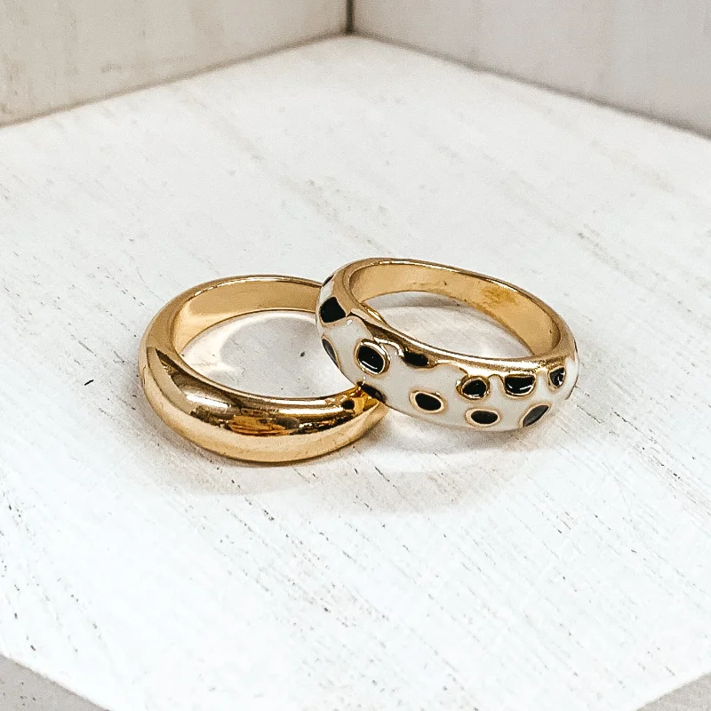 Women’s Designer Engagement Ring-Set of 2 | Thick Gold Tone Ring Set Cheetah Print in Ivory