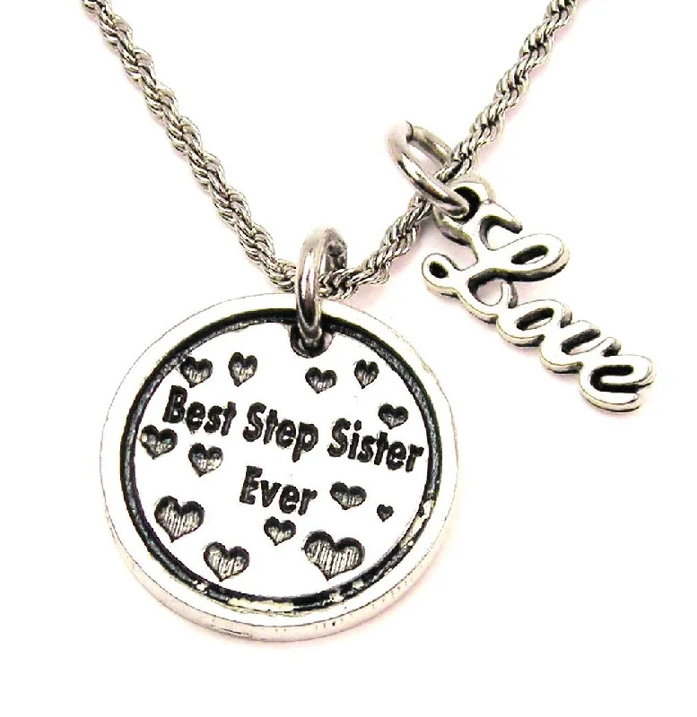 Handcrafted Silver Necklace-Best Step Sister Ever 20" Chain Necklace With Cursive Love Accent