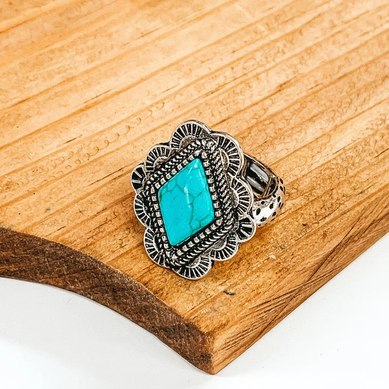 Elegant Sapphire Ring-Western Diamond Silver Tone Stretch Ring in Turquoise