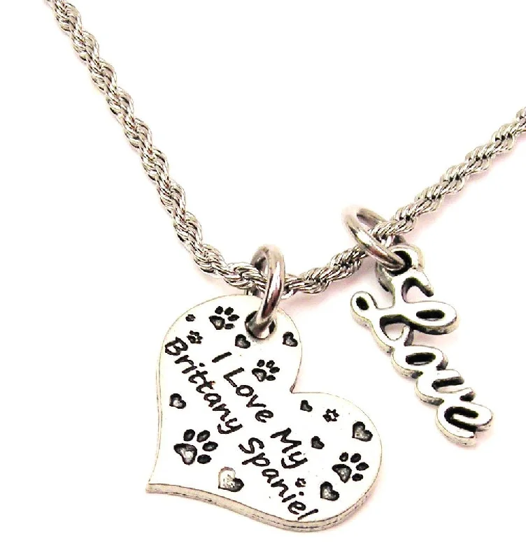 Crystal Bead Necklace-I Love My Brittany Spaniel 20" Chain Necklace With Cursive Love Accent