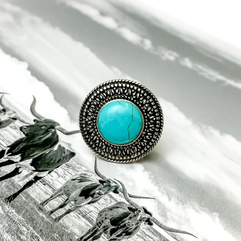 Handmade Gemstone Ring-Silver Tone Circle Cuff Ring with Center Faux Stone in Turquoise