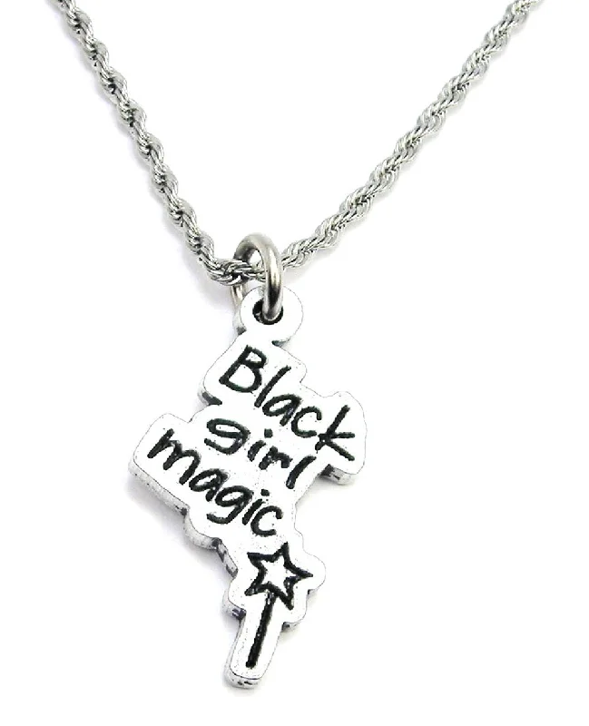 Personalized Heart Necklace-Black Girl Magic With Magic Wand Single Charm Necklace