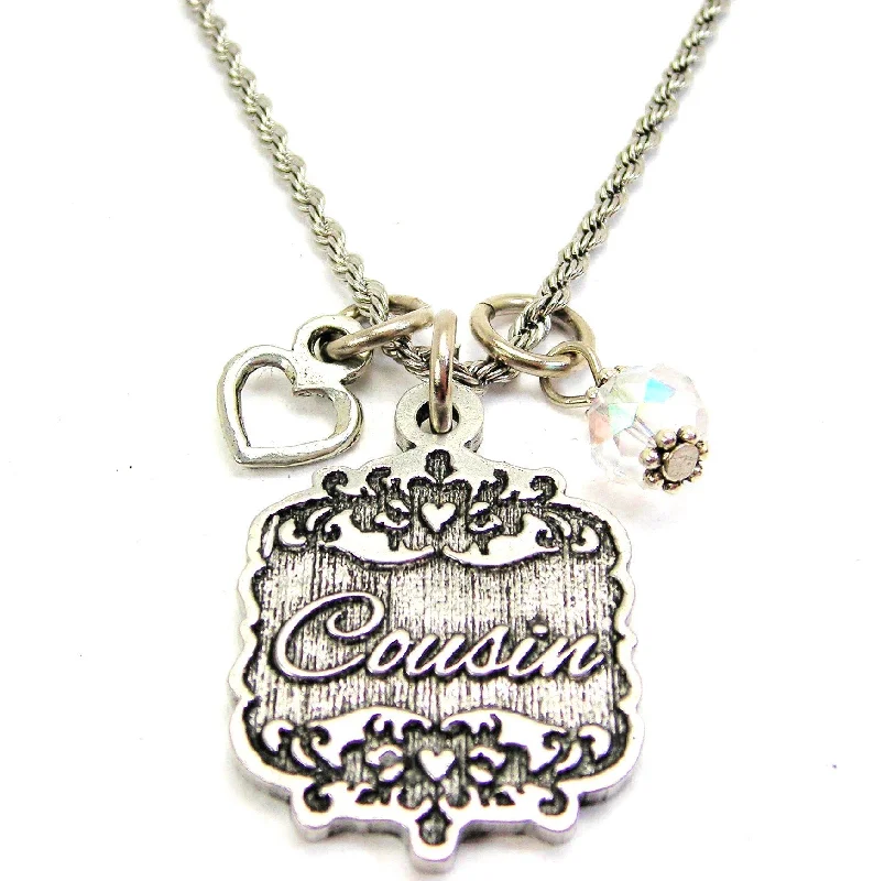 Silver Chain Necklace-Cousin Victorian Scroll With Open Heart And Crystal 20" Stainless Steel Rope Necklace