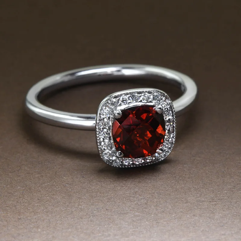 Customizable Gold Ring-Red Garnet Halo Ring