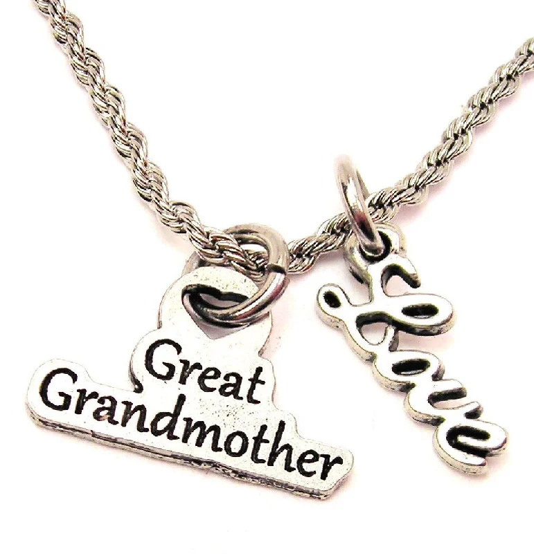 Elegant Gold Necklace-Great Grandmother 20" Chain Necklace With Cursive Love Accent