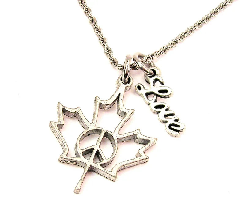 Trendy Long Necklace-Maple Leaf With Peace Sign 20" Chain Necklace With Cursive Love Accent