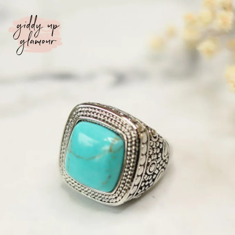 Vintage Engagement Ring-Silver Toned Wheat Textured Fashion Ring with Turquoise Stone