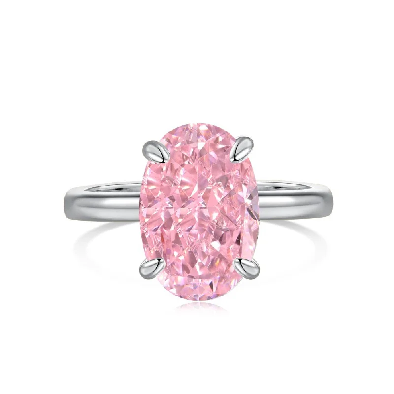 Unique Engagement Ring-Solitaire Oval Pink Diamond Ring in Sterling Silver