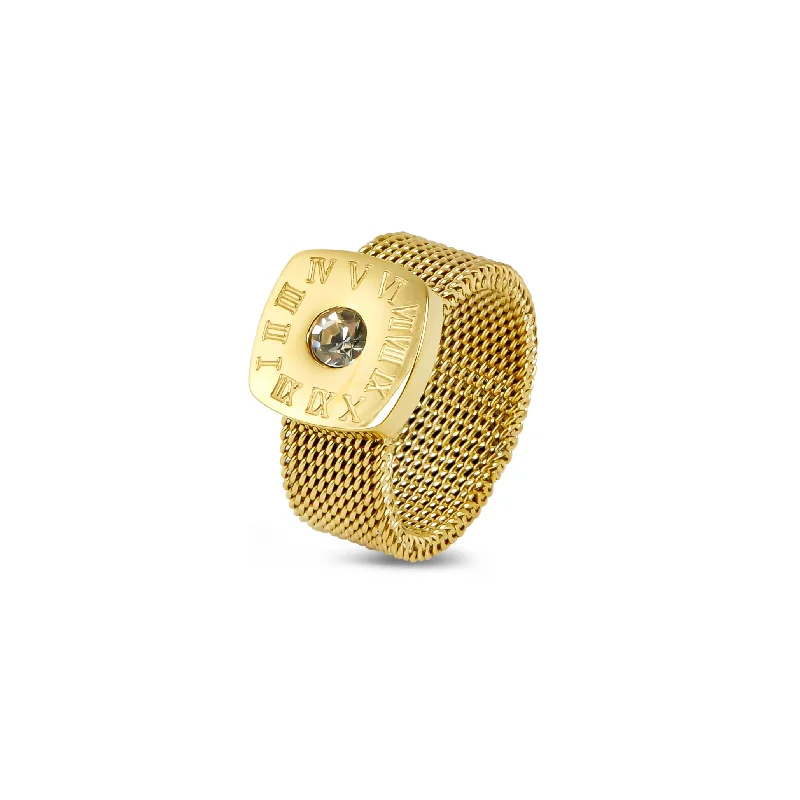 Women’s Designer Engagement Ring-Mesh Strap Latin Stone Ring - Gold