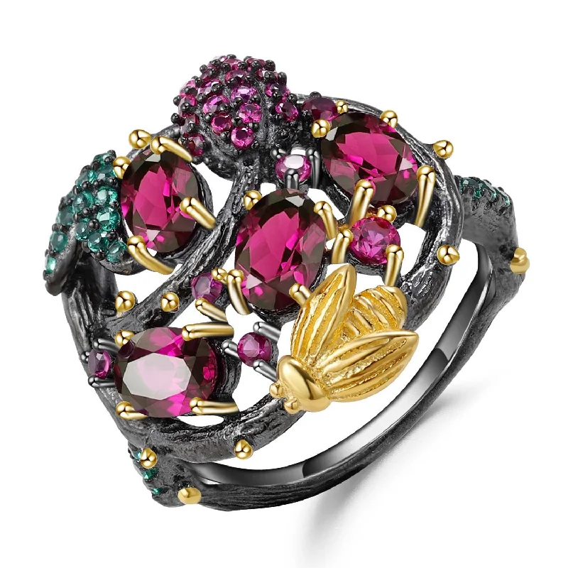 Sterling Silver Ring for Women-Handcrafted Garnet and Emerald Flower Garden Ring with Gold Bee Accent | S925