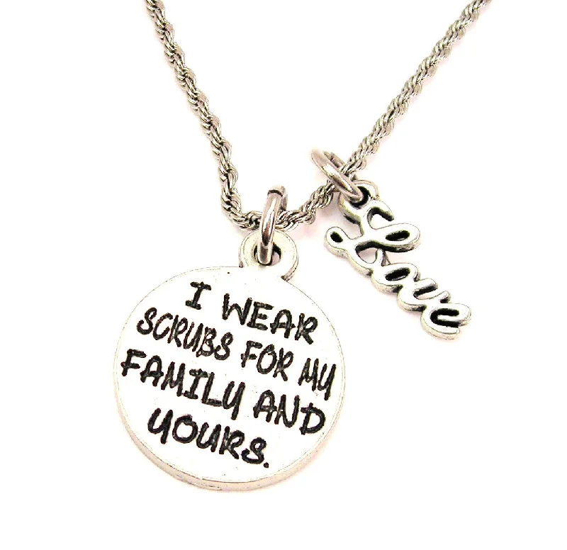 Dainty Gold Necklace-I Wear Scrubs For My Family And Yours 20" Chain Necklace With Cursive Love Accent