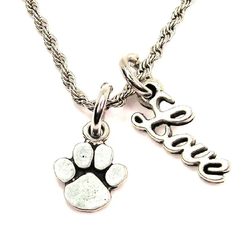 Rose Gold Necklace for Women-Small Paw Print 20" Chain Necklace With Cursive Love Accent