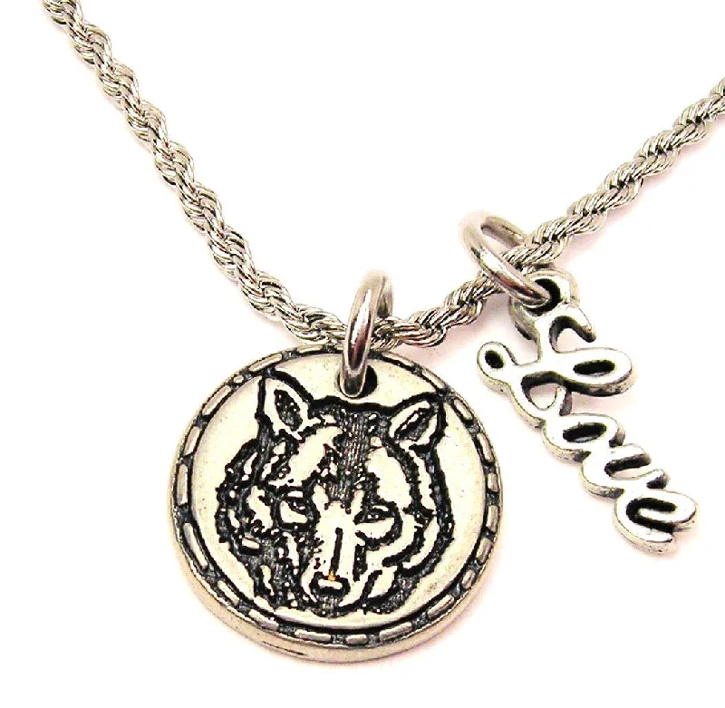 Luxury Pearl Necklace-Wolf Face Circle 20" Chain Necklace With Cursive Love Accent