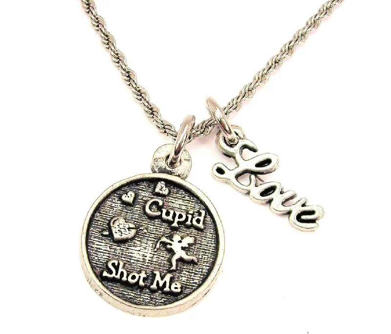 Silver Necklace with Charms-Cupid Shot Me 20" Chain Necklace With Cursive Love Accent