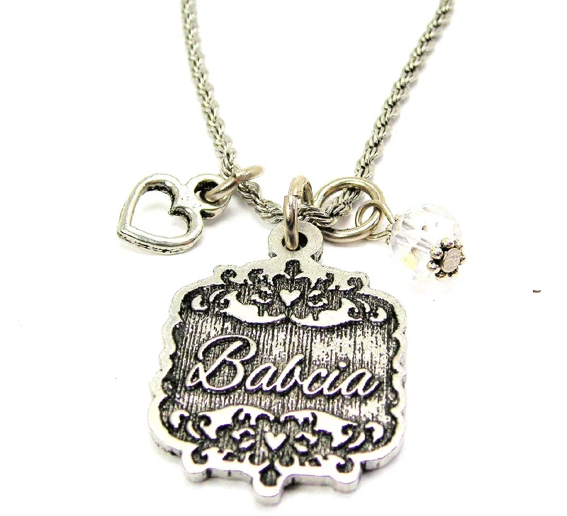 Diamond Necklace for Women-Babcia Victorian Scroll With Open Heart And Crystal 20" Stainless Steel Rope Necklace