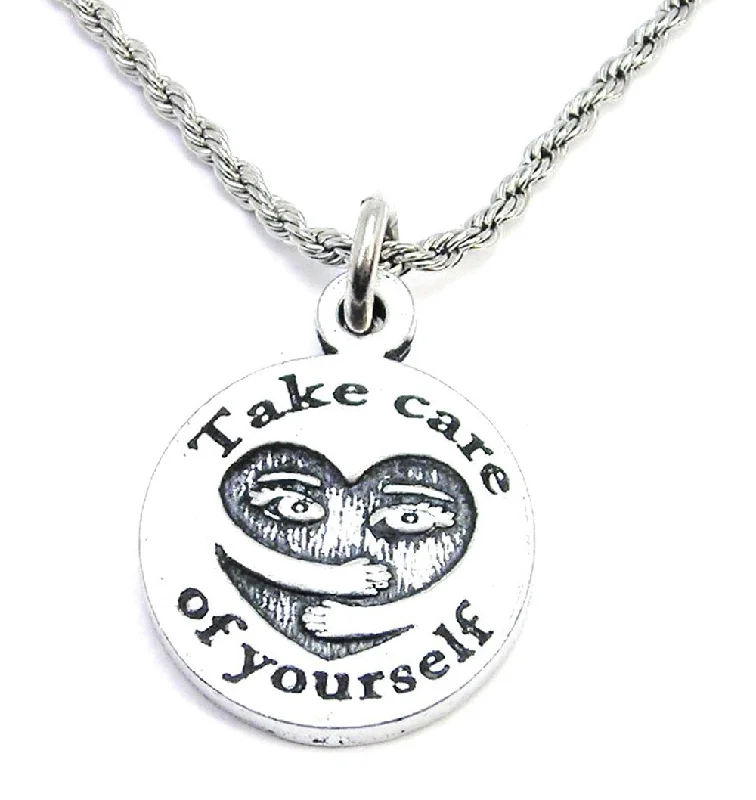 Bar Pendant Necklace-Take Care Of Yourself Self Hug Heart Single Charm Necklace